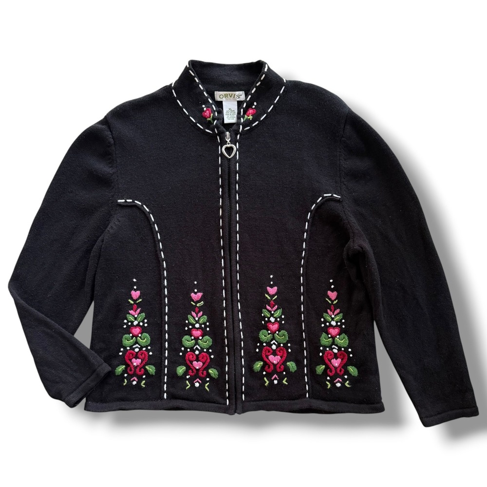 Orvis Womens XL Black Embroidered Floral Heart Full Zip Cardigan Sweater  Granny